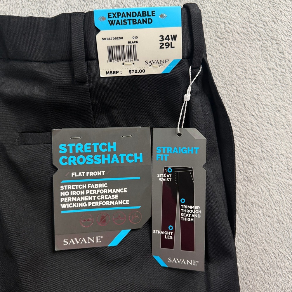 NWT Savane Mens 34x29 Black Stretch Crosshatch Straight Fit‎ Dress Pants